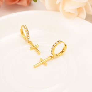 Real 18 K Solid Fine Yellow Gold Earring Dangle & Chandelier Zircon Special Christian Vogue Womens True Crucifix Cross Timeless Charm Earrings