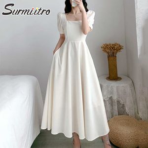 Surmiitro sommar midi lång klänning kvinnor koreansk stil damer elegant kort puff ärm tunika parti sundress kvinnlig 210712