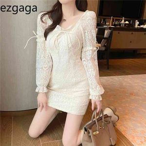 Ezgaga Sexy BodyCon платье женщины нежные кружева весна V-образным вырезом кружева высокая талия с длинным рукавом Clubwear элегантное платье Vestidos 210430