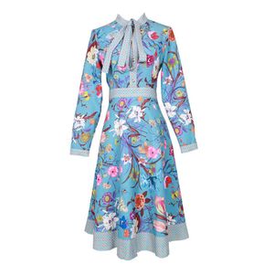 Women Blue Floral Print Bow Collar Zipper Long Sleeve Elegant Midi Dress D2543 210514