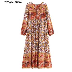 Jesień Czeski Lace Up V Neck Floral Peacock Print Maxi Długa Dress Boho Hippie Kobieta Bandaż Rękaw Sukienki Vestido 210429