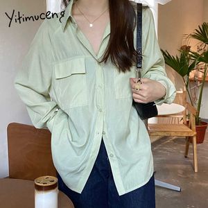 Yitimuceng Green Blouse Women Button Up Casual Oversized Shirts Long Sleeve Unicolor Spring Summer Korean Fashion Tops 210601