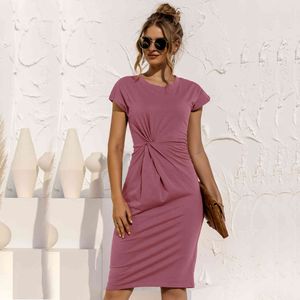 women knitted slim dress 202 summer Trumpet O-Neck short sleeve Empire Waist Slim Solid Straps Mid-calf Dress 210524