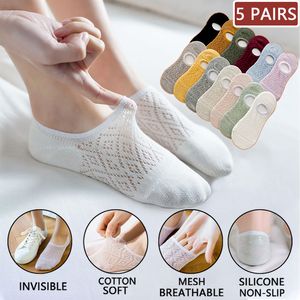 5 Pairs/Set Women Silicone non-slip invisible Sock Summer Solid Color Mesh Ankle Boat Female Cotton Slipper No show Socks