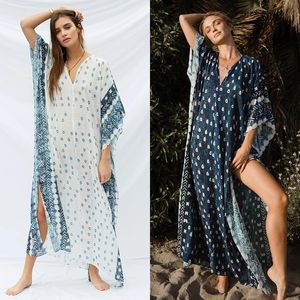 Elegante Bikini Cover-Ups Boho Polka Dot Impresso V-Pescoço V-Praia Verão Vestido Túnica Mulheres Desgaste Nadar Suit Cobertura A131 210420