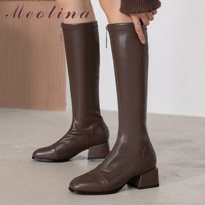 Stivali alti al ginocchio con tacco medio Donna Punta quadrata da equitazione Spessa con cerniera lunga Scarpe da donna Autunno Inverno Marrone 43 210517