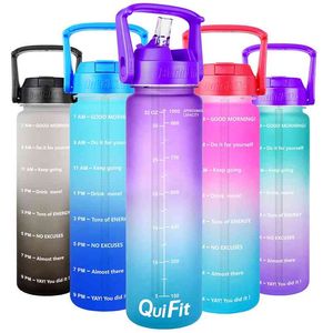 Quifit 1L 물병 밀짚 Tritan BPA 무료 스포츠 야외 캠핑 컵 32oz 마시는 병 넓은 입 누설 210914