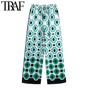 TRAF Women Chic Fashion Geometric Print Wide Leg Pants Vintage High Waist Drawstring Female Ankle Trousers Mujer 211105
