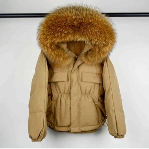 Janveny Winter Down Jacket Women Waterproof Large Natural Raccoon Fur Hooded Short Puffer White Duck Down Coat Female Parkas 211130