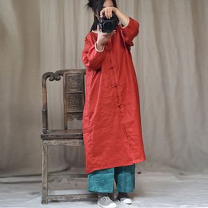 ジョニー教徒の女性ヴィンテージリネントレンチソリッドカラーコートボタンOネック長袖フォール緩い女性服中国のトレンチ210521