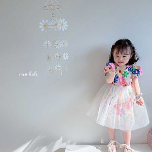 Meninas coreanas floresce vestido princesa tulle impressão padrão para crianças adorável algodão camadas de aniversário causal roupas 210529