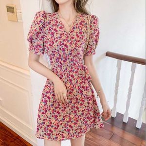 Arrival French Style Eleganckie damskie Vintage Kobiet Wysokiej Jakości Sweet Floral Print Lato Mini Dress Vestido 210529