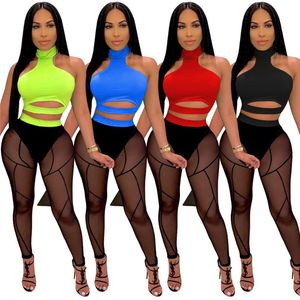 Sexy Two Piece Set Women Clothing Sets Rave Festival Party Club Outfits for Women Halter Crop Tops and Mesh Sheer Leggings Set