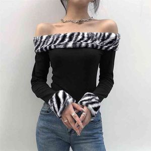 Slash Neck Y2k Bodysuit With Zebra Fur Women Winter Harajuku Long Sleeve Open Crotch Female Body Sexy Party Club 210510