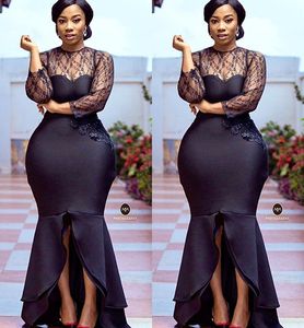 2021 Plus Size Arabski ASO EBI Mermaid Black Sexy Prom Dresses Sheer Neck Długie Rękawy Wieczór Formalna Party Druga Recepcja Druhna Suknia Suknia ZJ445