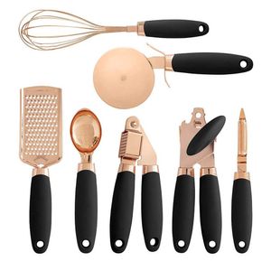7 piece copper-plated multifunctional pan, soft handle, stainless steel pan with garlic press, spatula, egg whisk spoon Y0428