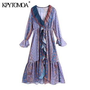 Women Fashion Patchwork Print Ruffled Asymmetric Midi Dress Vintage Long Sleeve Elastic Waist Female Dresses Mujer 210416