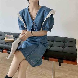 Femme Summer Lace Sweet Denim Lapel Girls Gentle Sexy Slim All Match Casual High Quality Chic Mini Dresses 210525