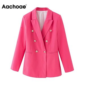 Aachoae Chic Double Breasted Rose Blazer Women Office Wear Långärmad jacka Notched Collar Casual Outwear Coat Ladies Toppar 210413