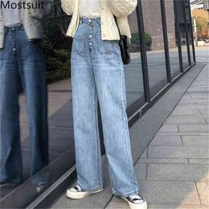 Höst hög midja bred ben denim jeans byxor kvinnor fickor knappar flyga raka byxor casual mode solid 210513