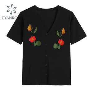 Women Single Breasted Floral Embroidery Knitted Blouse Summer Elegant Fashion V Neck Shirt All-match Chic Short Sleeve Tops 210430