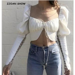 High Street Hollow Out Lacing Up Bandaged Square Neck Shirt Sexiga Kvinnor Slim Short Blouse Långärmad Bomull Exposed Navel Toppar 210429