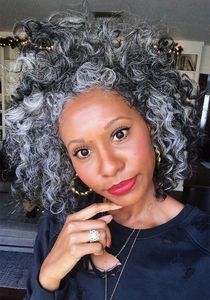 140g African American Human Hair Ponytail Silver Grey Pony tail Extension Hairpiece Clip on Gray Afro Curly salt n pepper Hairstyles