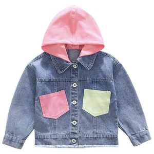 Hooded Jeans Coat for Teenage Girls Spring Fall Children Letter Print Denim Jackets Cotton Outerwear Sport Tops with Pockets 210622