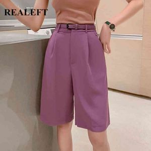 Workwear de verão formal metade calça com cinto de cintura alta perna larga estilo coreano elegante calças soltas bolso 210428