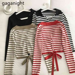 Koreansk vårhöst Casual Loose Women Sweaters Fashion Bow Striped Knit Pullover Jumper Drop Crop Tops 210601