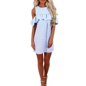 Ruffle Women Dresses Sexy Off Shoulder Zipper Back Blue And White Striped Cute Dress Casual Summer Dress 210419