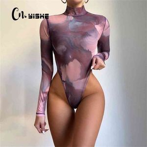 CNYISHE Manga Longa Turtleneck Skinny Bodysuit Primavera Mulheres Macacões Sexy Tie Tye Imprimir Romper Feminino Jumpsuits 210720