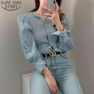 Плиссированный фонарь с длинным рукавом женщины топы мода повседневная хлопчатобумажная твердая синяя рубашка обратно кнопка блузка 10993 210417