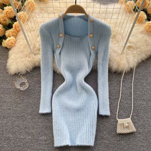 New design women's retro square collar long sleeve mohair wool knitted warm sexy bodycon tunic short sweater dress