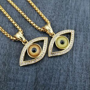 Hip Hop Iced Out Brown Turkish Zły Oczy Wisiorek Naszyjnik Fij Mężczyźni Kobiety Ze Stali Nierdzewnej Box Choker Para Wisiorki Drop