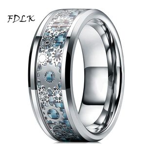 Wedding Rings Mens Steampunk Gear Wheel Stainless Steel Ring Dragon Inlay Light Blue Carbon Fiber Gothic Band Size 6-13