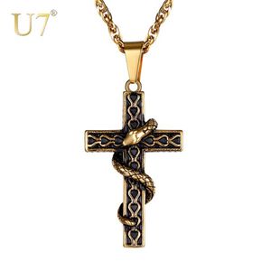 U7 Men 316L StainlSteel Cross With Snake Pendant Necklaces Punk Gold-Color Animal Men's Chain Necklace Jewelry Gifts P1222 X0707