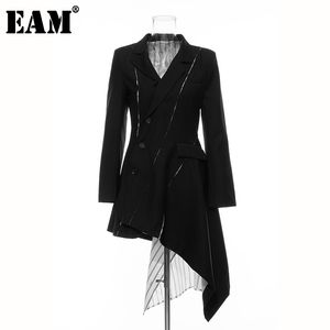 [EAM] Women Black White Striped Spliced Irregular Dress Round Neck Full Sleeve Loose Fit Fashion Spring Autumn 1A320 21512