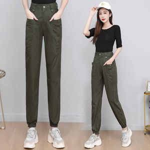 Streetwear Moda Cep Işın Ayak Pantolon Rahat Yüksek Bel Gevşek Harem Pantolon Kadın Vintage Ince Ordu Yeşil Kargo Pantolon Kadın Q0801