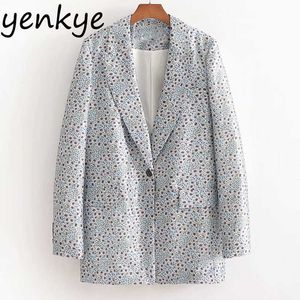 Vintage Floral Print Women Blazer Long Sleeve Notched Collar Single Button Casual Blazer mujer Office Lady Satin Suit Plus Size X0721