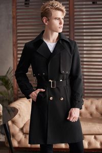 Autumn Europe Men's Kne-Length Trench Coat Young Man Style Lång ärm Double Breasted Windbreaker Male Black Outwear Coats