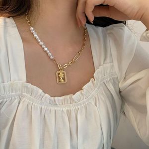 Wholesale simulated necklace resale online - Pendant Necklaces Punk Pearl Queen Square Frame Necklace Women Gold Color Simulated Pearls Chain Trend Jewelry