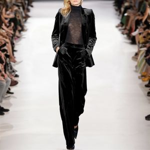 Hohe Qualität Runway Frauen Hosen Set Herbst Winter Samt Schwarz Blazer und Büro Damen Breite Bein Overalls Hosen Anzug 210519