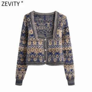 Women Vintage Square Collar Flower Print Jacquard Knitting Sweater Female Long Sleeve Chic Cardigans Coat Tops S652 210416