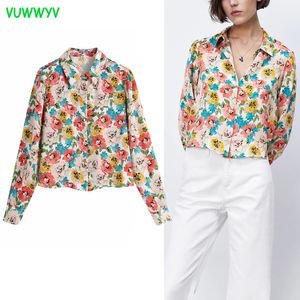 VUWWYV Vintage Floral Print Shirts for Women Summer High Street Crop Top Woman Elegant Office Button Up Collar Shirt 210430