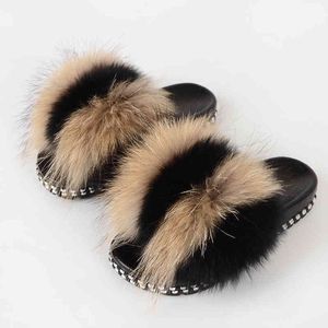 Fur Slippers Women House Fluffy Slippers Home Female Furry Slides Indoor Summer Real Fur Flip Flops Ladies Luxury Sandals Shoes K722
