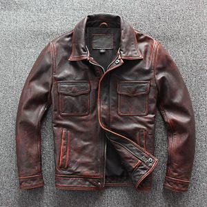 Mäns Jackor Amekaji Äkta kappa Mens Vintage Jacket Högkvalitativ Cowhide Red Brown Natural Real Leather S-4XL