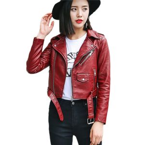 PU кожаная куртка женская мода яркие цвета черный мотоцикл пальто короткий факультет из искусственного байкера мягкая женщина 210514