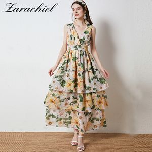 S-XXL Summer Camellia Floral Print Cascading Ruffles Maxi Damska Bez Rękawów V-Neck Backless Szyfonowa Długa Ciasto Dress 210416