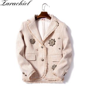 Runway Winter Women Retro Beaded Diamonds Star Tassels Fringed Tweed Płaszcz Z Długim Rękawem Slim Bomber Jacket 210416